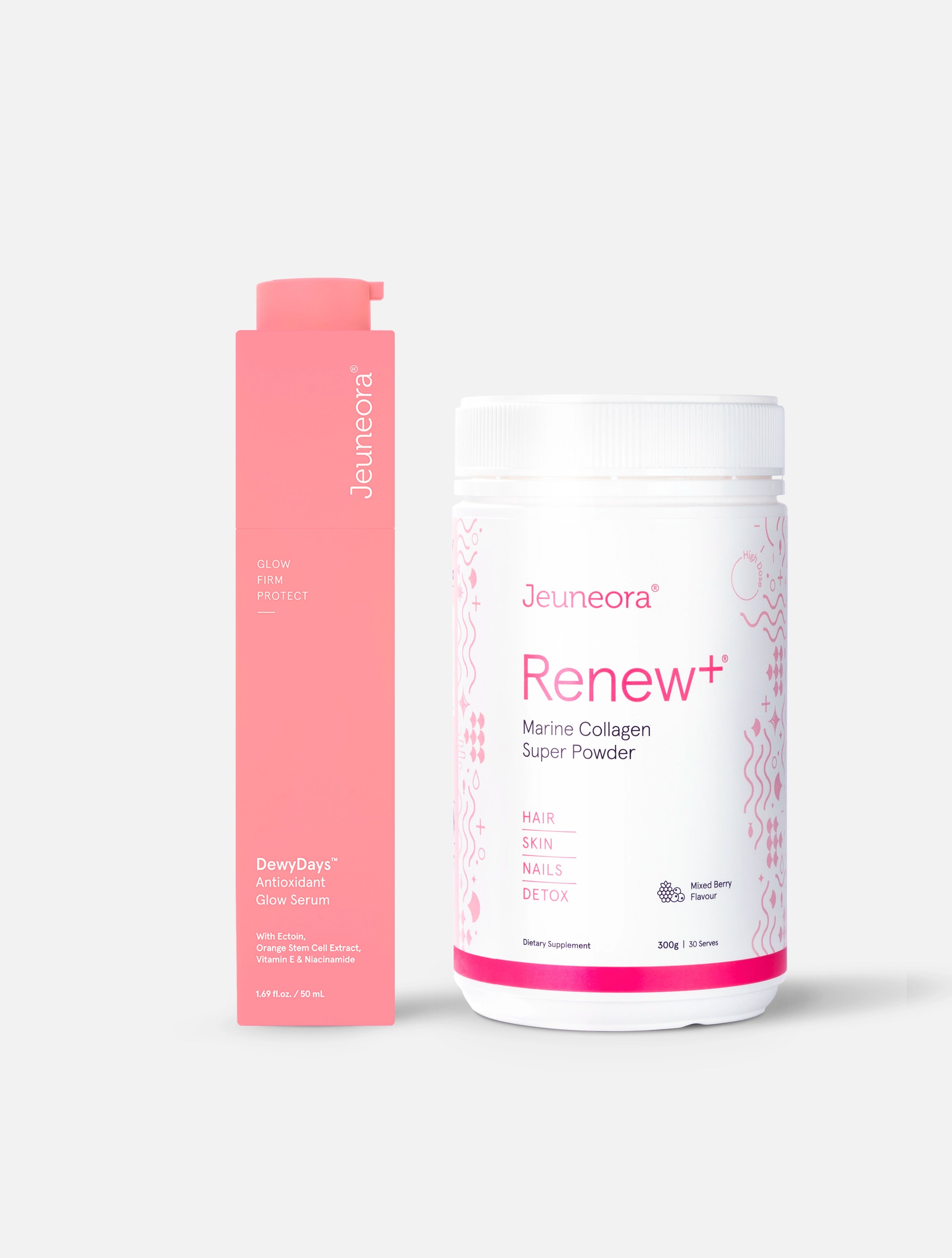 DewyDays Antioxidant Glow Serum and Renew+ Marine Collagen Super Powder for glowing skin.