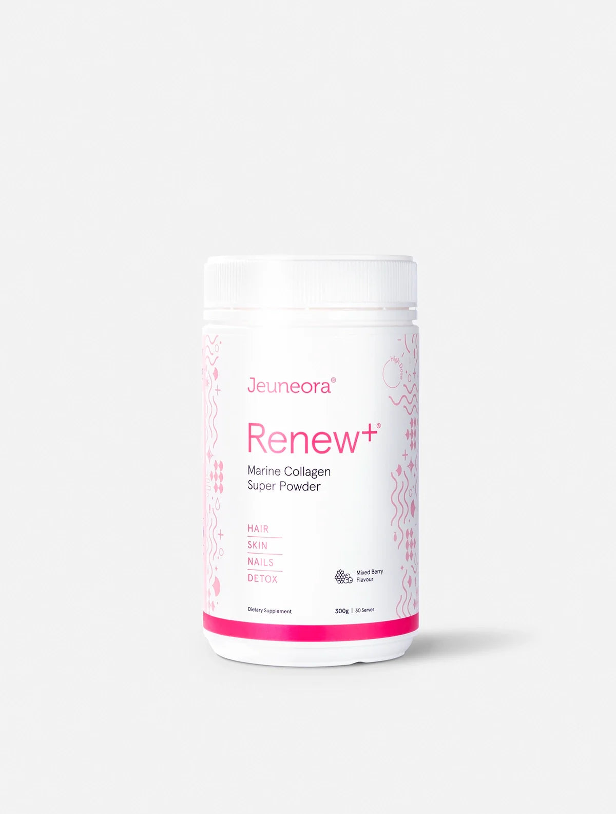 A container of Mixed Berry flavoured Renew+ Marine Collagen Powder on a white background