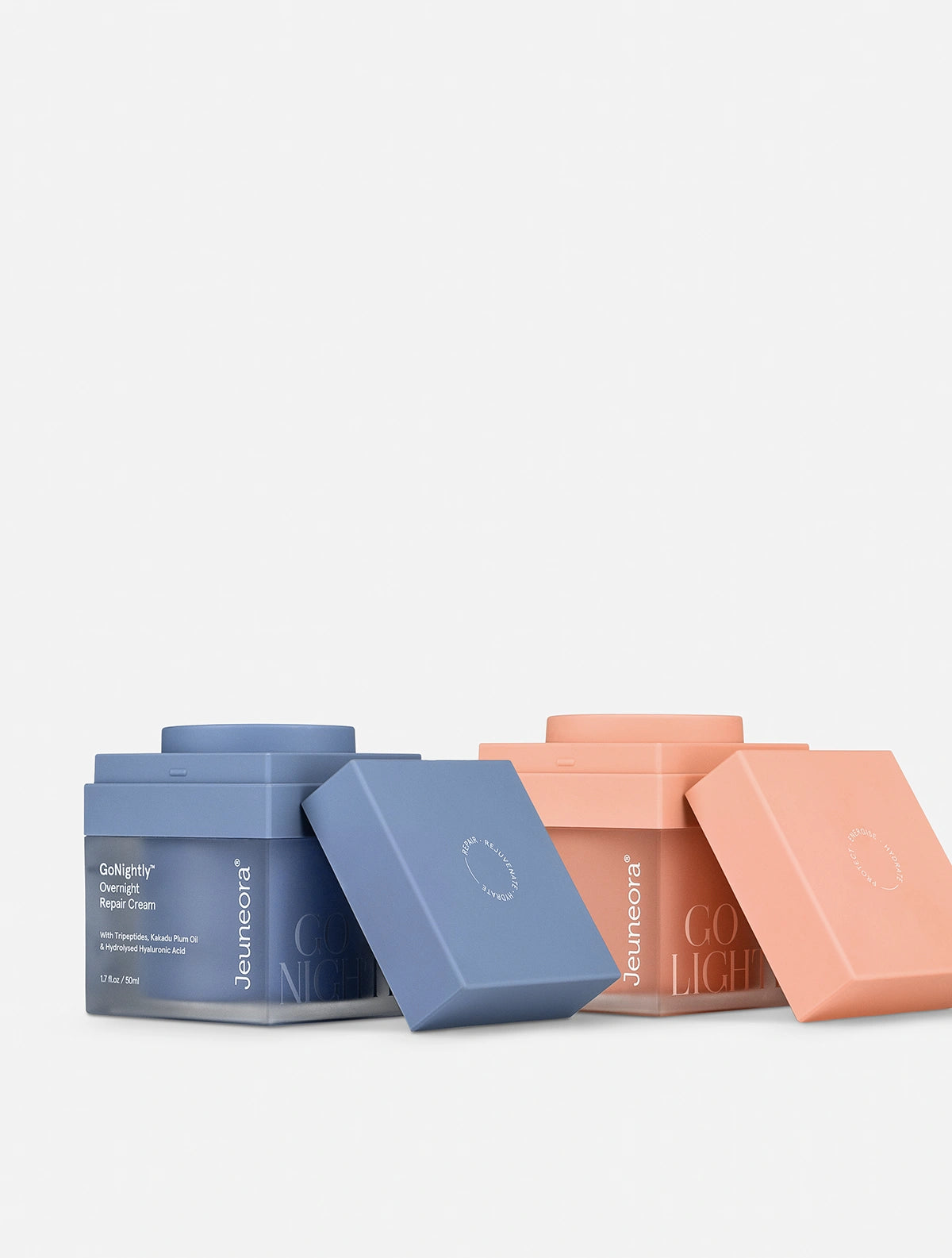 Jeuneora's two moisturisers sit with their lids off.