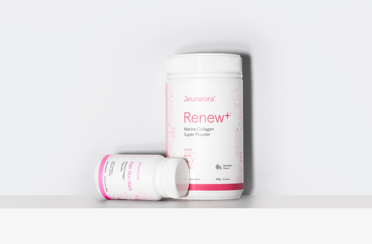 A container of Renew+ and Hair Skin Nails Marine Collagen Capsules for beauty support