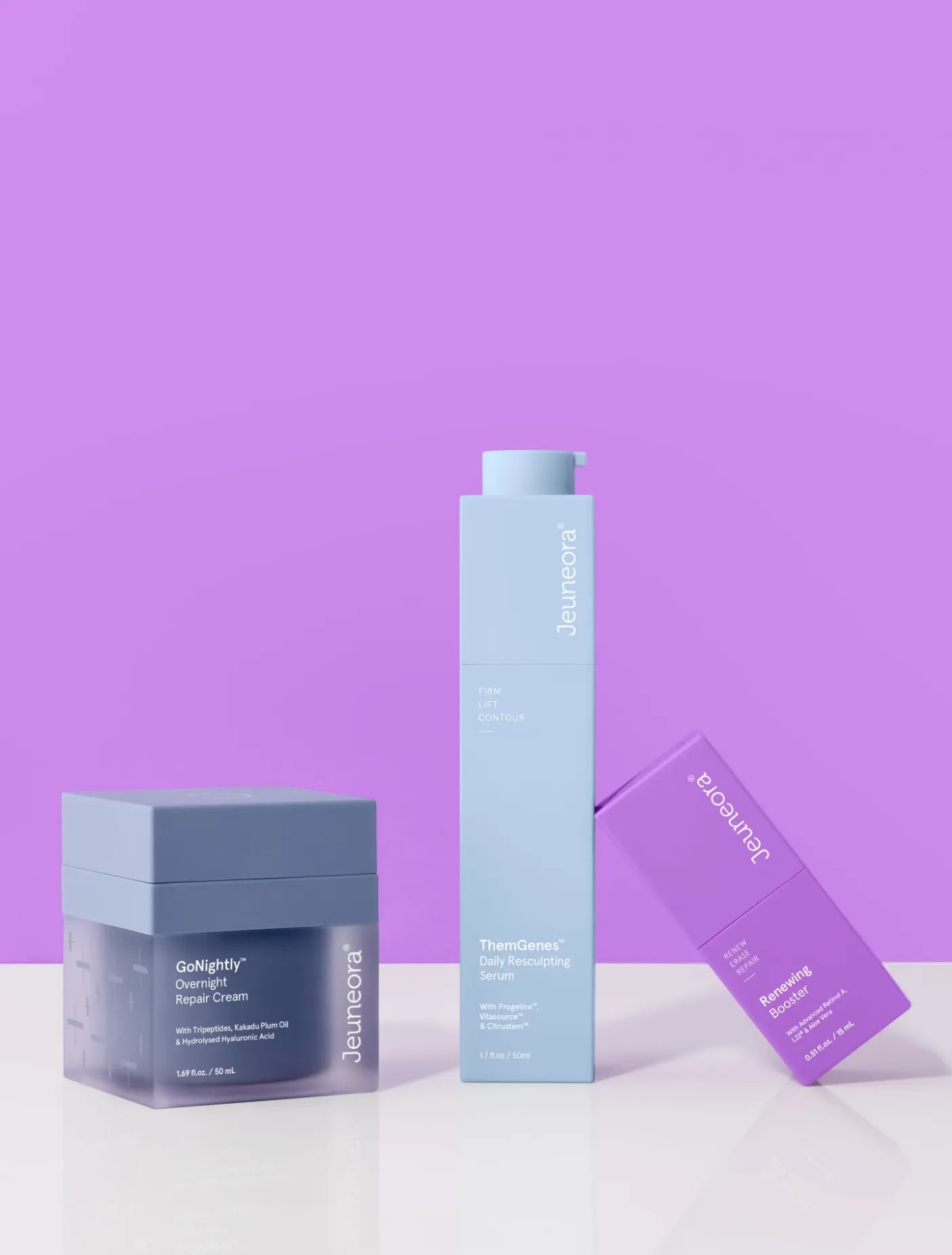 Jeuneora skincare products including a night cream and two serums