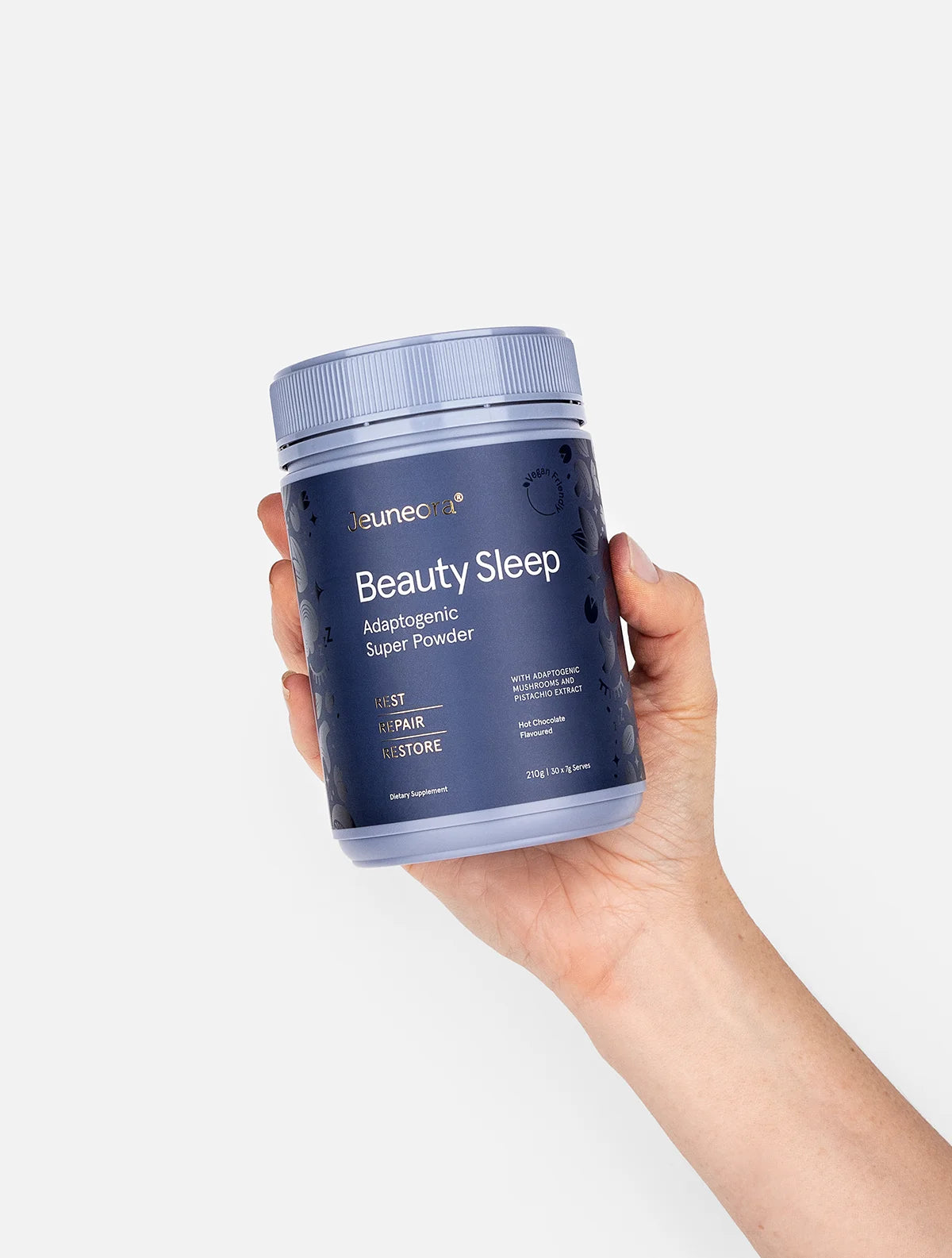 Hand holding up Jeuneora Beauty Sleep Adaptogenic Super Powder