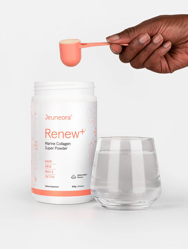 Renew+® Marine Collagen Super Powder scoop with glass of water