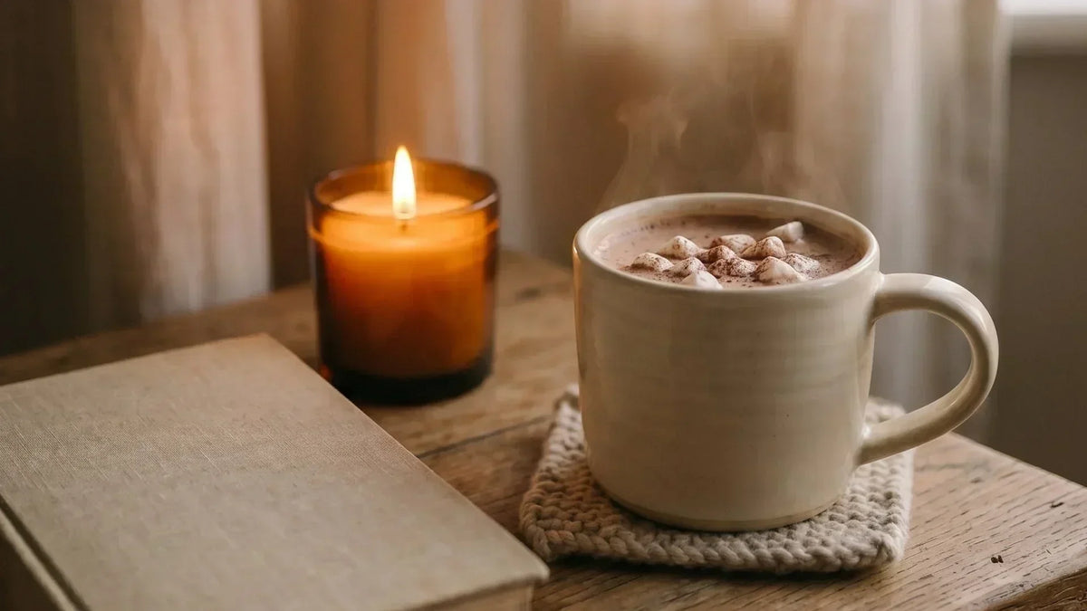 Steaming ceramic mug of hot chocolate with marshmallows on a wooden bedside table beside a lit amber candle and a linen-bound book, soft evening light through sheer curtains.