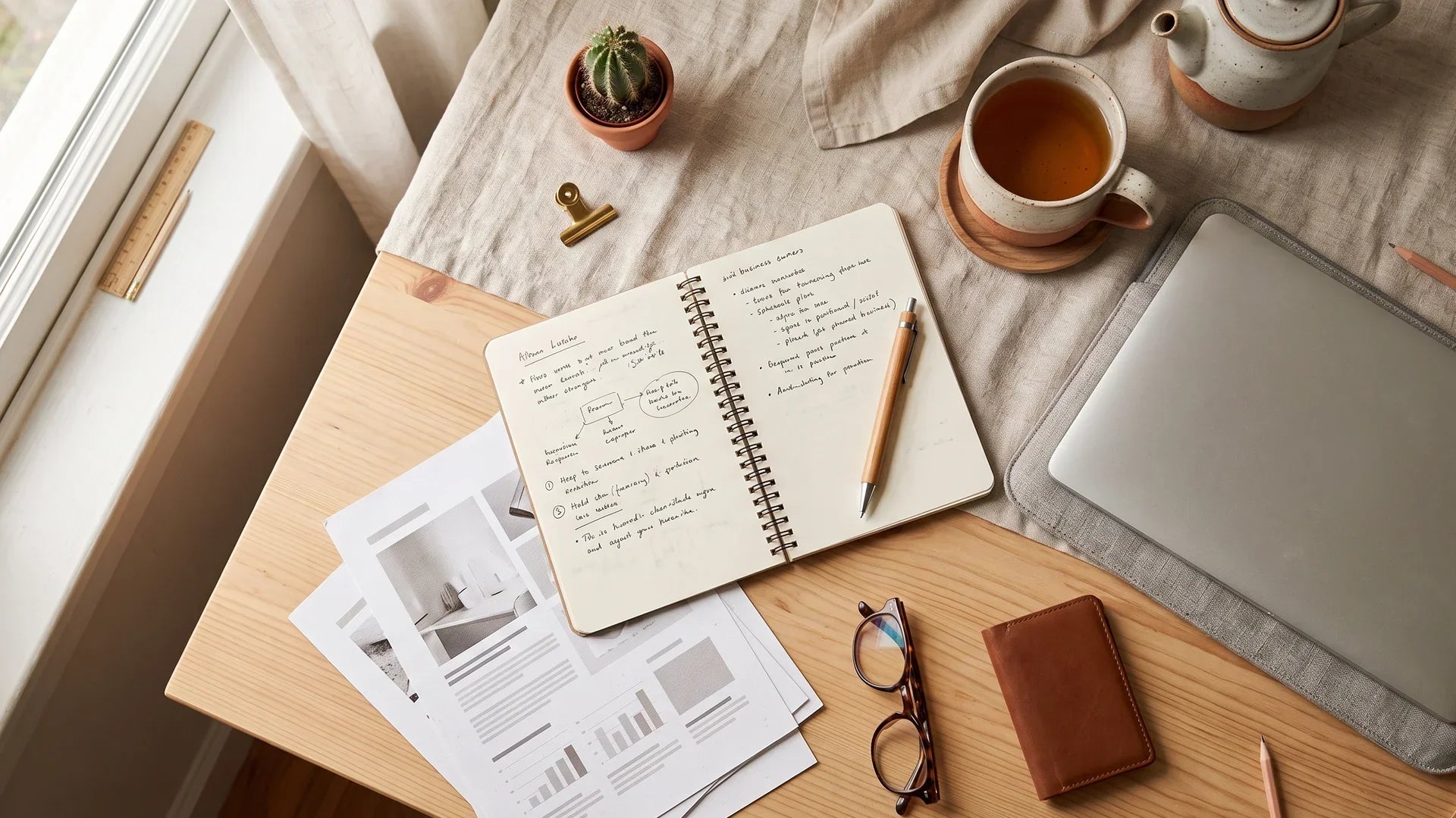 Overhead view of a small business owner's desk with an open notebook of handwritten plans, printed reports, tea and reading glasses in soft morning light