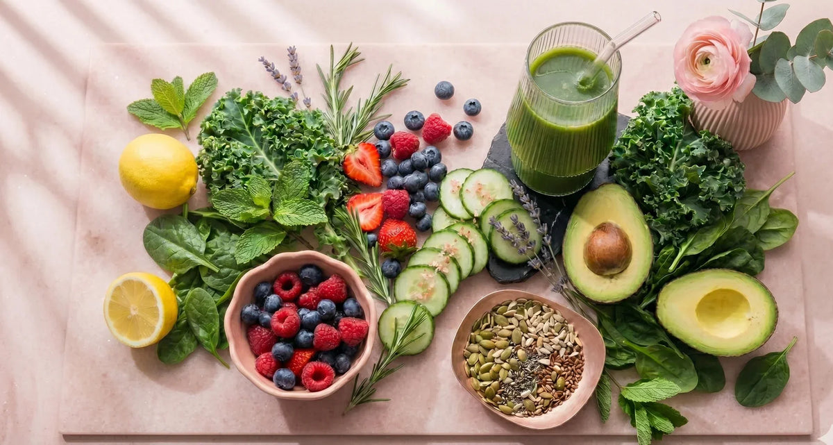 Fresh berries, leafy greens, avocado, cucumber, seeds and a glass of green juice arranged on a soft pink surface