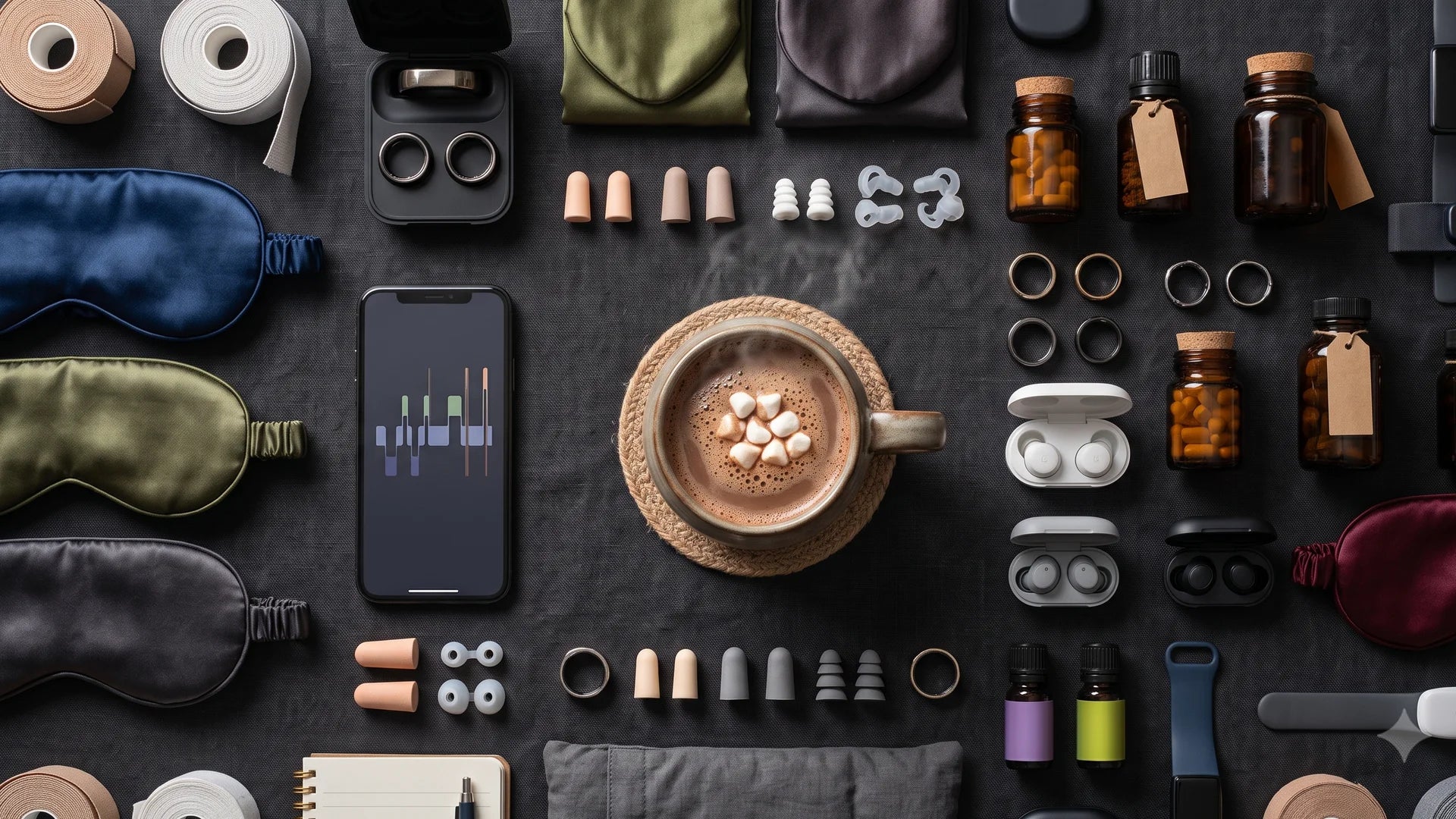 Overhead flat lay of sleep gadgets including eye masks, earplugs, tracker rings and supplement jars arranged around a central mug of hot chocolate