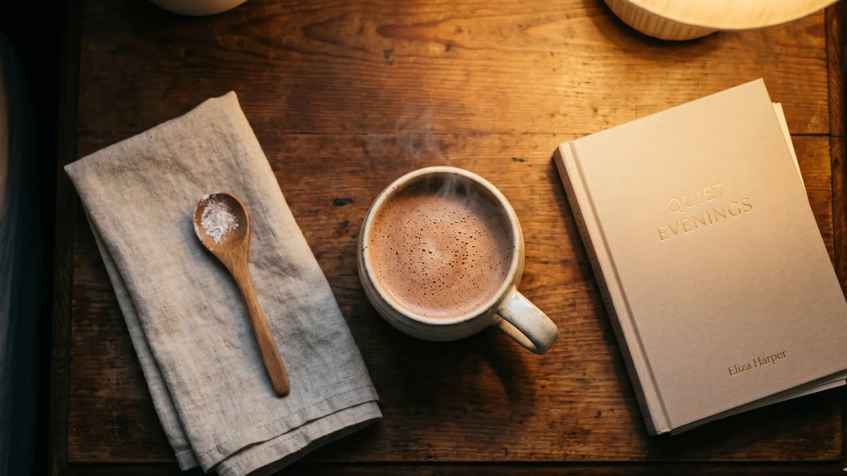 Overhead view of a steaming cream ceramic mug of hot chocolate on a wooden bedside table beside a folded linen napkin, wooden spoon dusted with collagen powder and a beige Quiet Evenings hardcover book, warm evening lamplight.