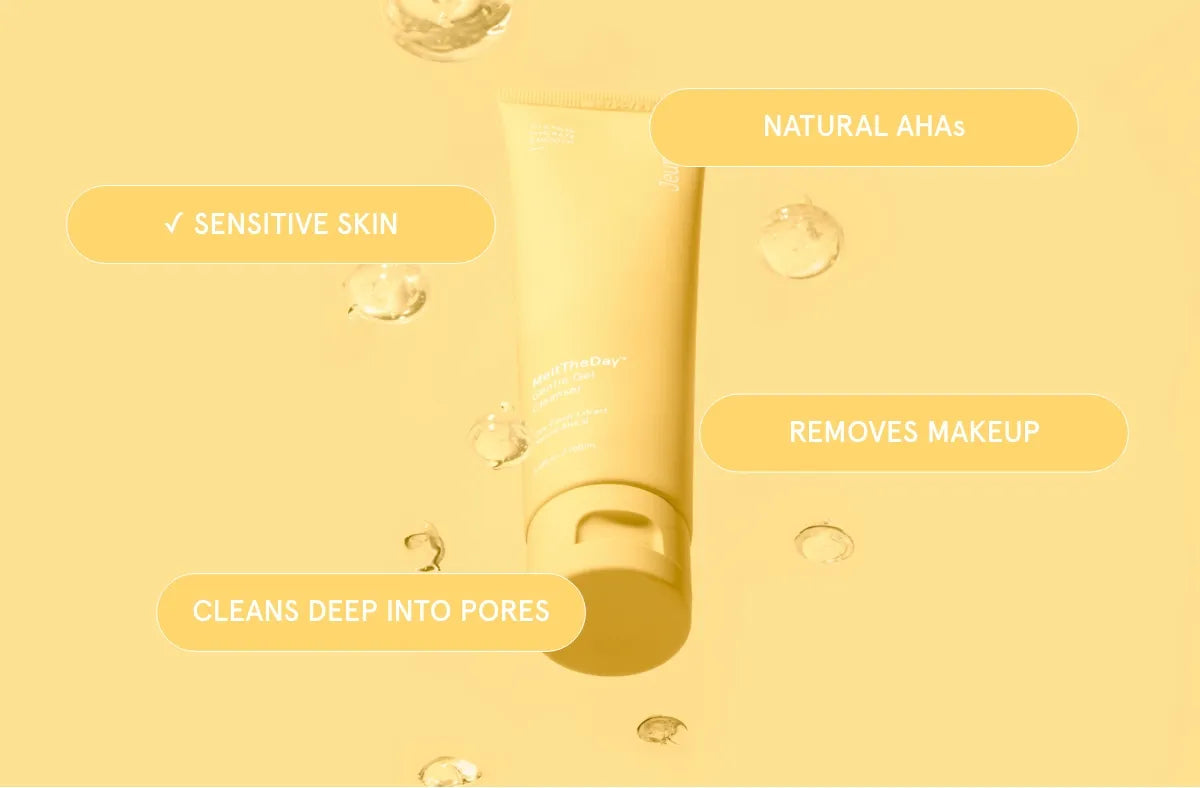 Jeuneora MeltTheDay Gentle Gel Cleanser tube on a yellow background, highlighting natural AHAs, removes makeup, cleans deep into pores and is suitable for sensitive skin