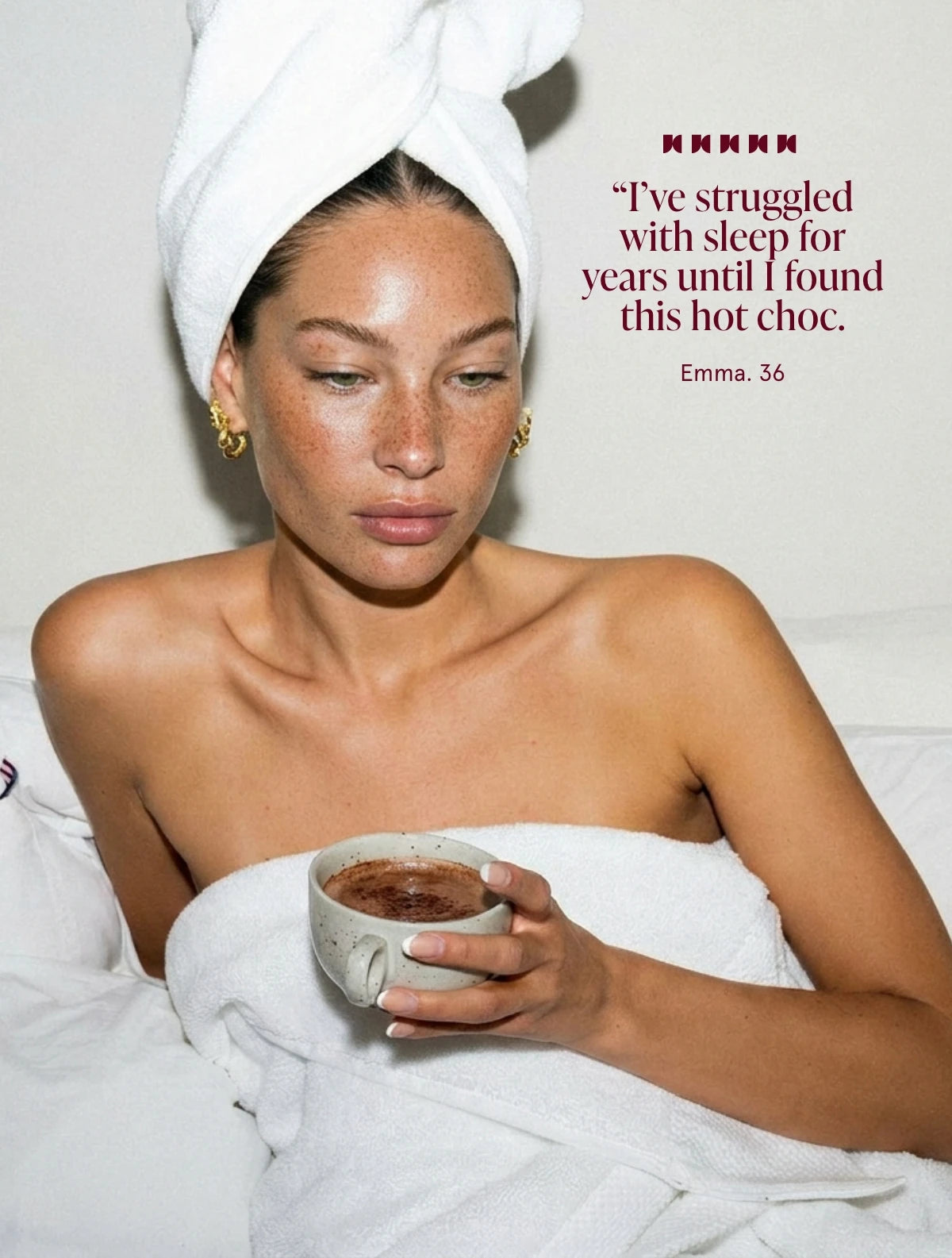 Woman with a towel wrapped around her head holding a mug of Jeuneora Beauty Sleep powder prepared as a hot chocolate, with text overlay that says "I've struggled with sleep for years until I found this hot choc".