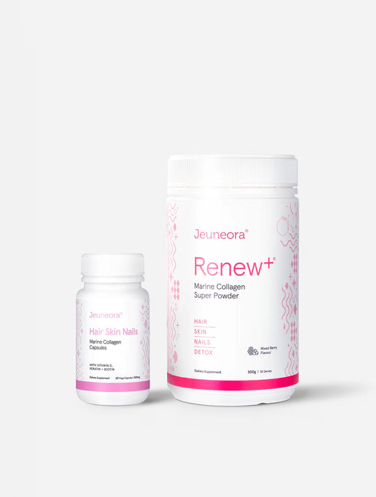 Jeuneora® Renew+ Marine Collagen Super Powder and Hair Skin Nails Marine Collagen Capsules Mixed Berry